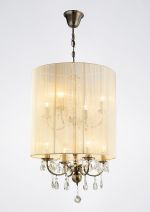 Ella 50cm Pendant With Ivory Cream Shade 8 Light E14 Antique Brass/Crystal