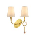 Paola Wall Lamp Switched 2 Light E14, Gold Painted With Cream Shades & Amber Glass Droplets