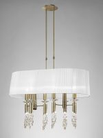 Tiffany Pendant 6+6 Light E27+G9 Oval, Antique Brass With White Shade & Clear Crystal