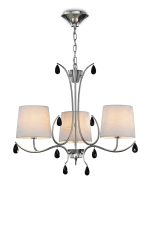 Andrea Pendant 67cm Round, 3 x E14 (Max 20W), Polished Chrome, White Shades, Black Crystal Droplets