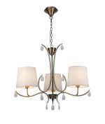 Andrea Pendant 67cm Round, 3 x E14 (Max 20W), Antique Brass, White Shades, White Crystal Droplets