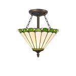 Adolfo 3 Light Semi Flush E27 With 30cm Tiffany Shade, Green/Cream/Crystal/Aged Antique Brass