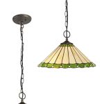 Adolfo 40.5cm 2 Light Downlighter Pendant E27 With 40cm Tiffany Shade, Green/Cream/Crystal/Aged Antique Brass