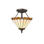 Adolfo 2 Light Semi Flush E27 With 30cm Tiffany Shade, Amber/Cream/Crystal/Aged Antique Brass