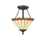 Adolfo 3 Light Semi Flush E27 With 30cm Tiffany Shade, Amber/Cream/Crystal/Aged Antique Brass