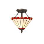 Adolfo 2 Light Semi Flush E27 With 30cm Tiffany Shade, Red/Cream/Crystal/Aged Antique Brass