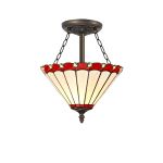 Adolfo 3 Light Semi Flush E27 With 30cm Tiffany Shade, Red/Cream/Crystal/Aged Antique Brass