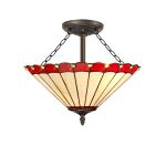 Adolfo 40.5cm 3 Light Semi Flush E27 With 40cm Tiffany Shade, Red/Cream/Crystal/Aged Antique Brass
