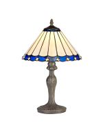 Adolfo 1 Light Curved Table Lamp E27 With 30cm Tiffany Shade, Blue/Cream/Crystal/Aged Antique Brass