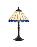 Adolfo 1 Light Octagonal Table Lamp E27 With 30cm Tiffany Shade, Blue/Cream/Crystal/Aged Antique Brass