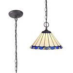 Adolfo 2 Light Downlighter Pendant E27 With 30cm Tiffany Shade, Blue/Cream/Crystal/Aged Antique Brass
