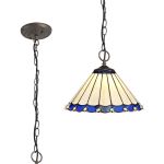Adolfo 3 Light Downlighter Pendant E27 With 30cm Tiffany Shade, Blue/Cream/Crystal/Aged Antique Brass