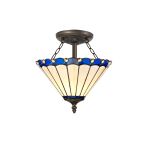 Adolfo 2 Light Semi Flush E27 With 30cm Tiffany Shade, Blue/Cream/Crystal/Aged Antique Brass