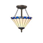 Adolfo 3 Light Semi Flush E27 With 30cm Tiffany Shade, Blue/Cream/Crystal/Aged Antique Brass