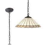 Adolfo 40.5cm 1 Light Downlighter Pendant E27 With 40cm Tiffany Shade, Grey/Cream/Crystal/Aged Antique Brass