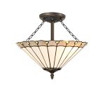 Adolfo 40.5cm 3 Light Semi Flush E27 With 40cm Tiffany Shade, Grey/Cream/Crystal/Aged Antique Brass