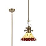 Adolfo 1 Light Pendant E27 With 30cm Tiffany Shade, Antique Brass/Red/Cream/Crystal