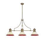Adolfo 3 Light Linear Pendant E27 With 30cm Tiffany Shade, Antique Brass, Red, Cream, Crystal