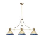 Adolfo 3 Light Linear Pendant E27 With 30cm Tiffany Shade, Antique Brass, Blue, Cream, Crystal