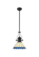 Adolfo 1 Light Pendant E27 With 30cm Tiffany Shade, Matt Black/Blue/Cream/Crystal