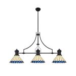 Adolfo 3 Light Linear Pendant E27 With 30cm Tiffany Shade, Matt Black, Blue, Cream, Crystal