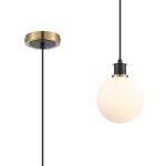 Jestero 1.3m Pendant, 1 Light E14 With 15cm Round Glass Shade, Brass, Opal & Satin Black