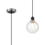 Jestero 1.3m Pendant, 1 Light E14 With 15cm Round Crackled Glass Shade, Satin Nickel, Clear & Satin Black