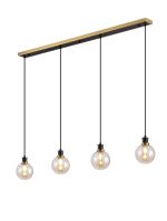 Jestero 1.3m Linear Pendant, 4 Light E14 With 15cm Round Glass Shade, Brass, Amber Plated & Satin Black