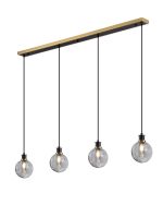 Jestero 1.3m Linear Pendant, 4 Light E14 With 15cm Round Double Textured Smooth / Ribbed Glass Shade, Brass, Smoke Plated & Satin Black