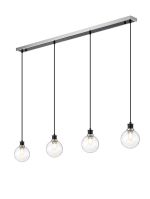 Jestero 1.3m Linear Pendant, 4 Light E14 With 15cm Round Glass Shade, Satin Nickel, Clear & Satin Black