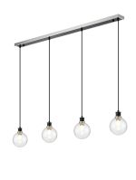Jestero 1.3m Linear Pendant, 4 Light E14 With 15cm Round Crackled Glass Shade, Satin Nickel, Clear & Satin Black