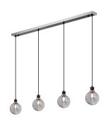 Jestero 1.3m Linear Pendant, 4 Light E14 With 15cm Round Double Textured Smooth/Ribbed Glass Shade, Satin Nickel, Smoke Plated & Satin Black