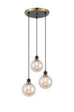 Jestero 38cm Round Pendant, 3 Light E14 With 15cm Round Glass Shade, Brass, Amber Plated & Satin Black