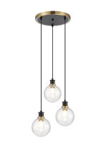 Jestero 38cm Round Pendant, 3 Light E14 With 15cm Round Crackled Glass Shade, Brass, Clear & Satin Black