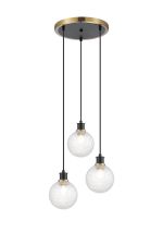 Jestero 38cm Round Pendant, 3 Light E14 With 15cm Round Textured Diamond Pattern Glass Shade, Brass, Clear & Satin Black
