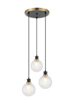 Jestero 38cm Round Pendant, 3 Light E14 With 15cm Round Dimpled Glass Shade, Brass, Clear & Satin Black