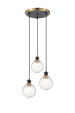 Jestero 38cm Round Pendant, 3 Light E14 With 15cm Round Textured Melting Glass Shade, Brass, Clear & Satin Black