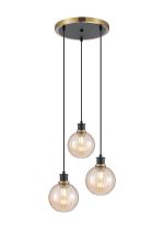 Jestero 38cm Round Pendant, 3 Light E14 With 15cm Round Segment Glass Shade, Brass, Amber Plated & Satin Black