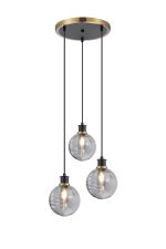 Jestero 38cm Round Pendant, 3 Light E14 With 15cm Round Double Textured Smooth / Ribbed Glass Shade, Brass, Smoke Plated & Satin Black