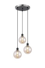 Jestero 38cm Round Pendant, 3 Light E14 With 15cm Round Glass Shade, Satin Nickel, Amber Plated & Satin Black