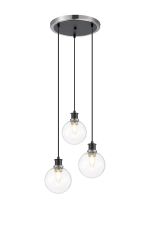 Jestero 38cm Round Pendant, 3 Light E14 With 15cm Round Glass Shade, Satin Nickel, Clear & Satin Black