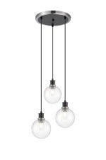 Jestero 38cm Round Pendant, 3 Light E14 With 15cm Round Segment Glass Shade, Satin Nickel, Clear & Satin Black