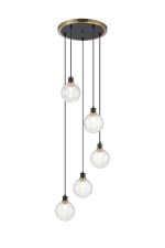 Jestero 48cm Round Pendant, 5 Light E14 With 15cm Round Crackled Glass Shade, Brass, Clear & Satin Black