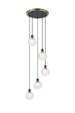 Jestero 48cm Round Pendant, 5 Light E14 With 15cm Round Textured Crumple Glass Shade, Brass, Clear & Satin Black