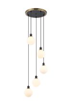 Jestero 48cm Round Pendant, 5 Light E14 With 15cm Round Glass Shade, Brass, Opal & Satin Black
