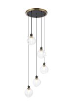 Jestero 48cm Round Pendant, 5 Light E14 With 15cm Round Ribbed Glass Shade, Brass, Clear & Satin Black