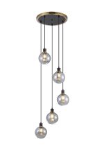 Jestero 48cm Round Pendant, 5 Light E14 With 15cm Round Segment Glass Shade, Brass, Smoke Plated & Satin Black