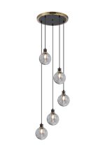 Jestero 48cm Round Pendant, 5 Light E14 With 15cm Round Double Textured Smooth / Ribbed Glass Shade, Brass, Smoke Plated & Satin Black