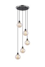 Jestero 48cm Round Pendant, 5 Light E14 With 15cm Round Glass Shade, Satin Nickel, Amber Plated & Satin Black