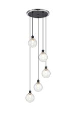 Jestero 48cm Round Pendant, 5 Light E14 With 15cm Round Crackled Glass Shade, Satin Nickel, Clear & Satin Black
